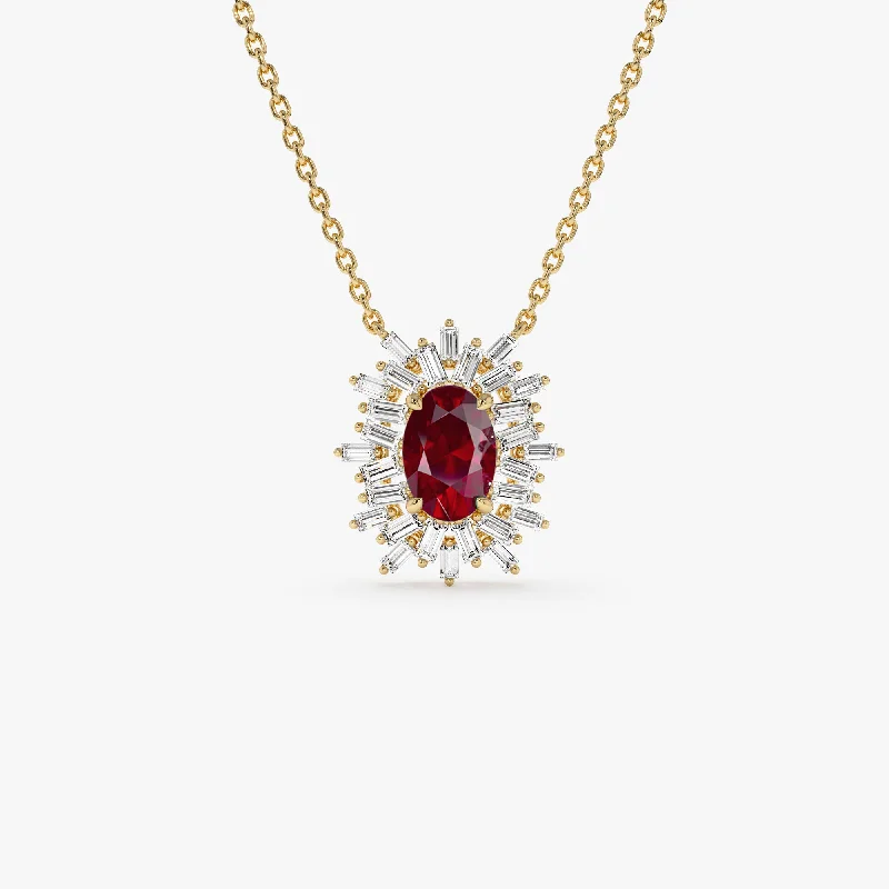 14k Oval Shape Ruby Necklace with Ballerina Baguettes