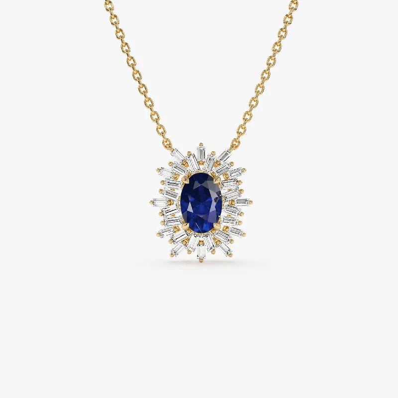 14k Oval Shape Sapphire Necklace with Ballerina Baguettes