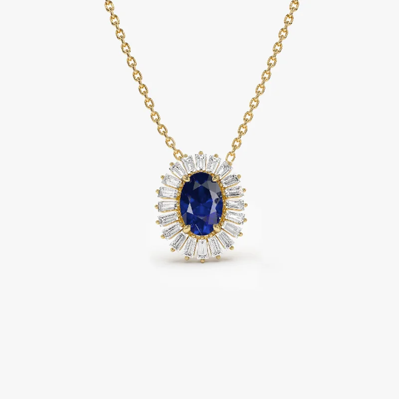 14k Oval Shape Sapphire with Baguette Halo Setting Necklace