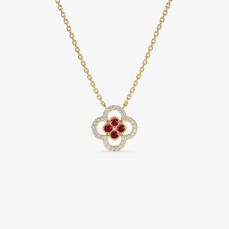 14k Ruby Clover Necklace in Halo Setting