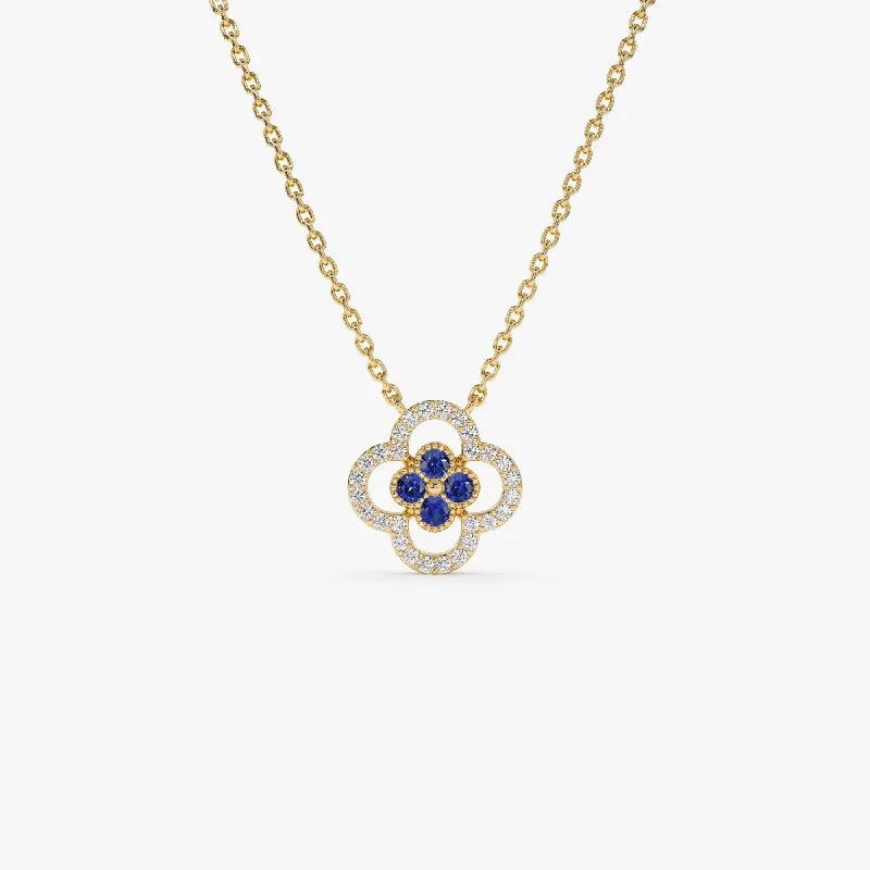 14k Sapphire Clover Necklace in Halo Setting