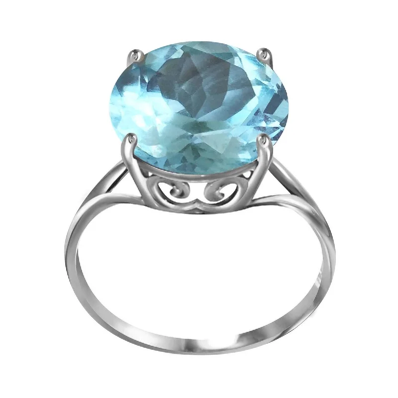 14K Solid White Gold Ring Natural 12 mm Round Blue Topaz Gemstone