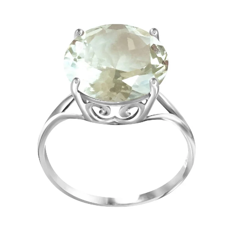 14K Solid White Gold Ring Natural 12 mm Round Green Amethyst Gemstone