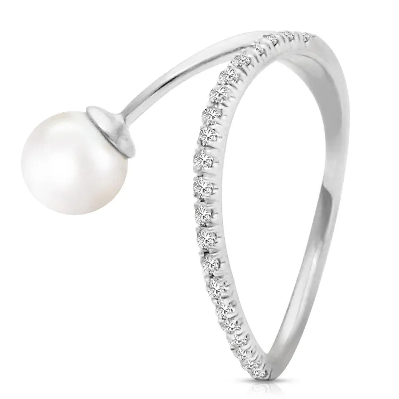 14K Solid White Gold Ring Natural Diamond & Pearl Certified