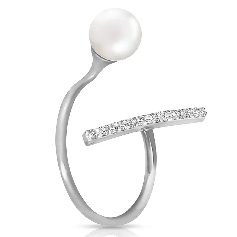 14K Solid White Gold Ring Natural Diamond & Pearl