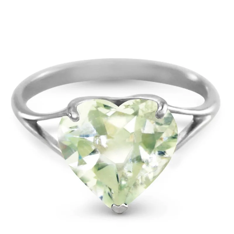 14K Solid White Gold Ring w/ Natural 10.0 mm Heart Green Amethyst