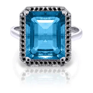 14K Solid White Gold Ring w/ Natural Black Diamonds & Blue Topaz