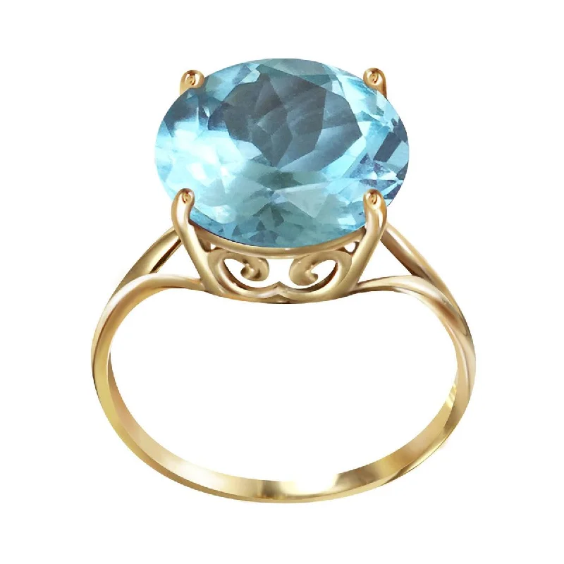 14K Solid Yellow Gold 12.0 mm Round Blue Topaz Ring