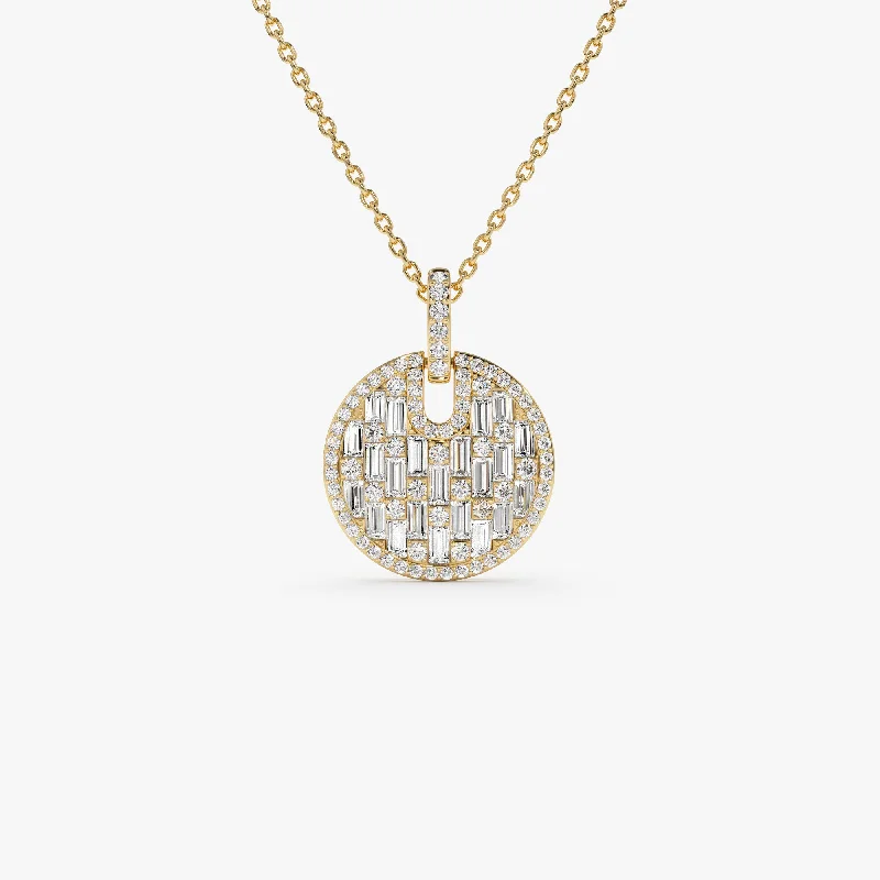 14k Unique Baguette and Round Diamond Disc Necklace