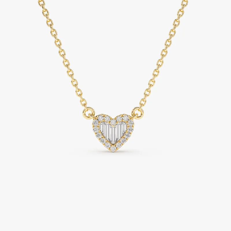 Round and Baguette Diamond Mini Heart Necklace in 14K